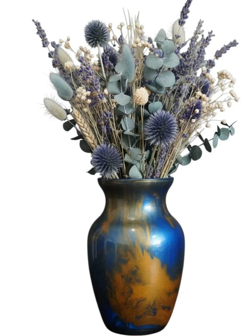 Abstract Fluid Art Glass 7 inch Vase in Metallic Blue Gold Copper, Handmade Art